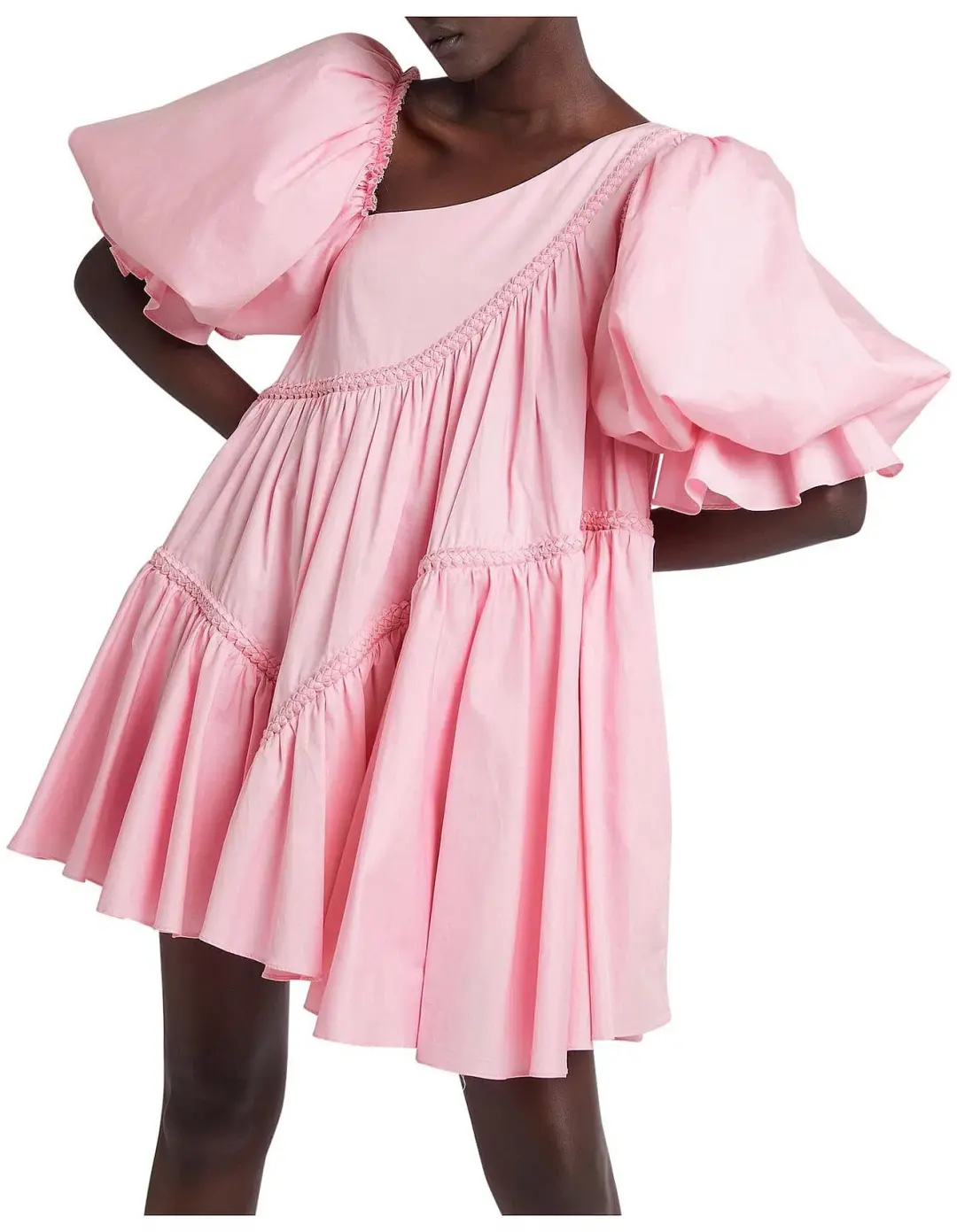 Aje Casabianca Braided Asymmetric Puff Sleeve Mini Dress Pink Size 4 / XXS for rent on The Volte - main image