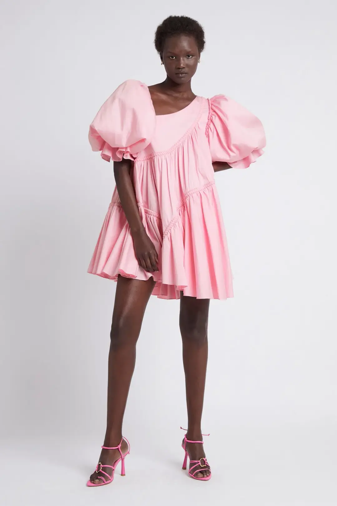 Aje Casabianca Braided Asymmetric Puff Sleeve Mini Dress Pink Size 4 / XXS for rent on The Volte - main image