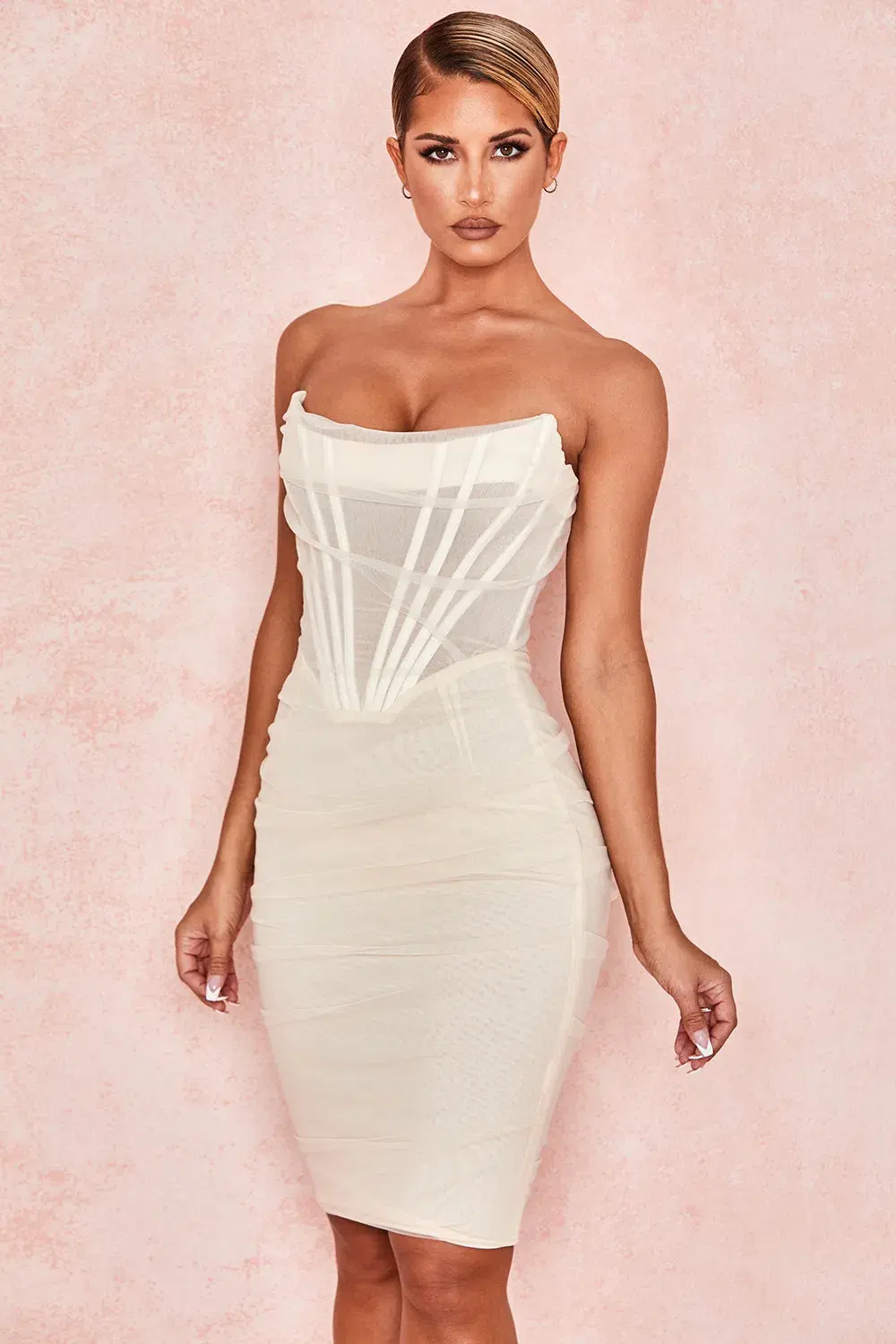House of CB Leila Mesh Strapless Corset Dress Ivory Size 8 - Image 2