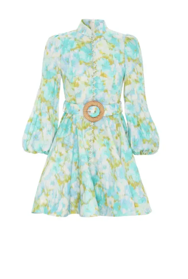 Zimmermann High Tide Buttoned Mini Dress Aqua Ikat Floral Size 1 /Au 10 for rent on The Volte - main image