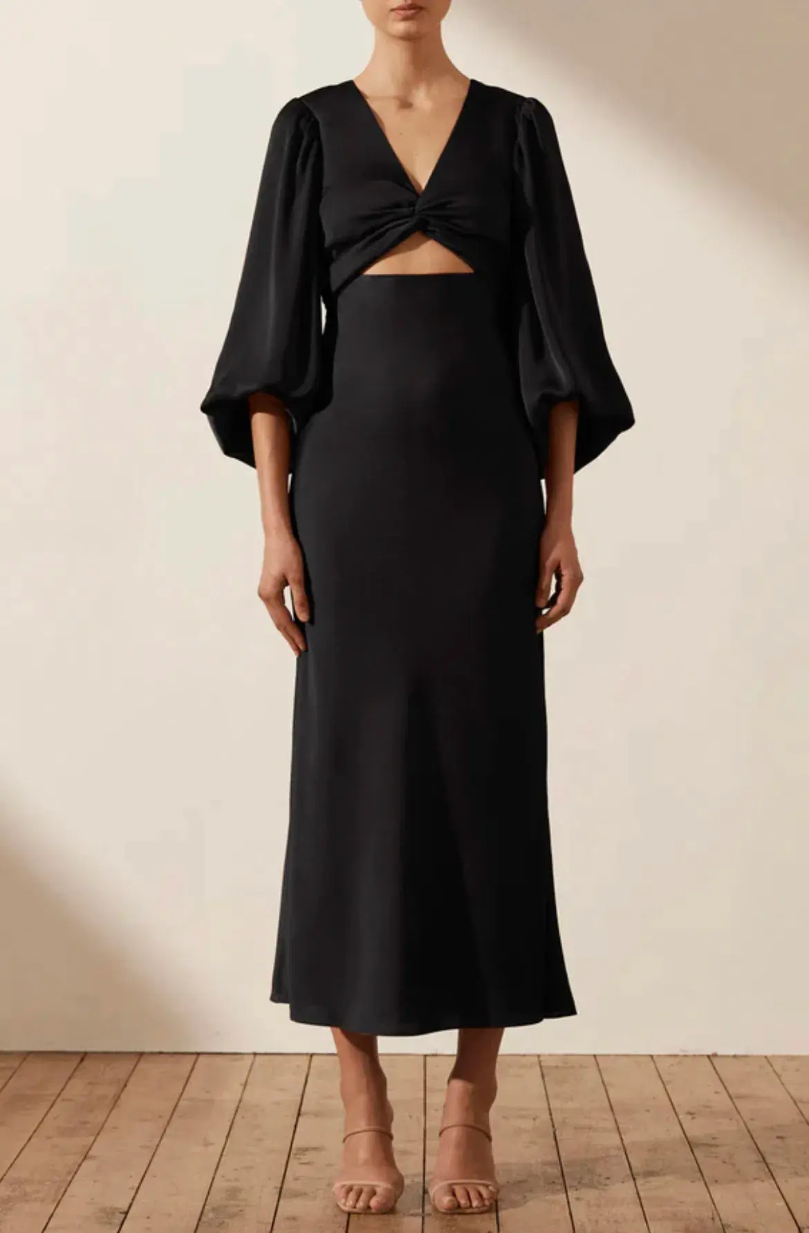 Shona Joy Luxe Twist Front Balloon Sleeve Midi Dress Black Size 6 / XS - Image 2