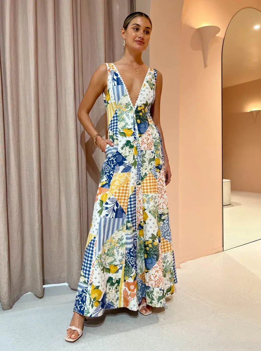 By Nicola Wavy Maxi Dress in Lemon Patchwork Size 8 - Image 1
