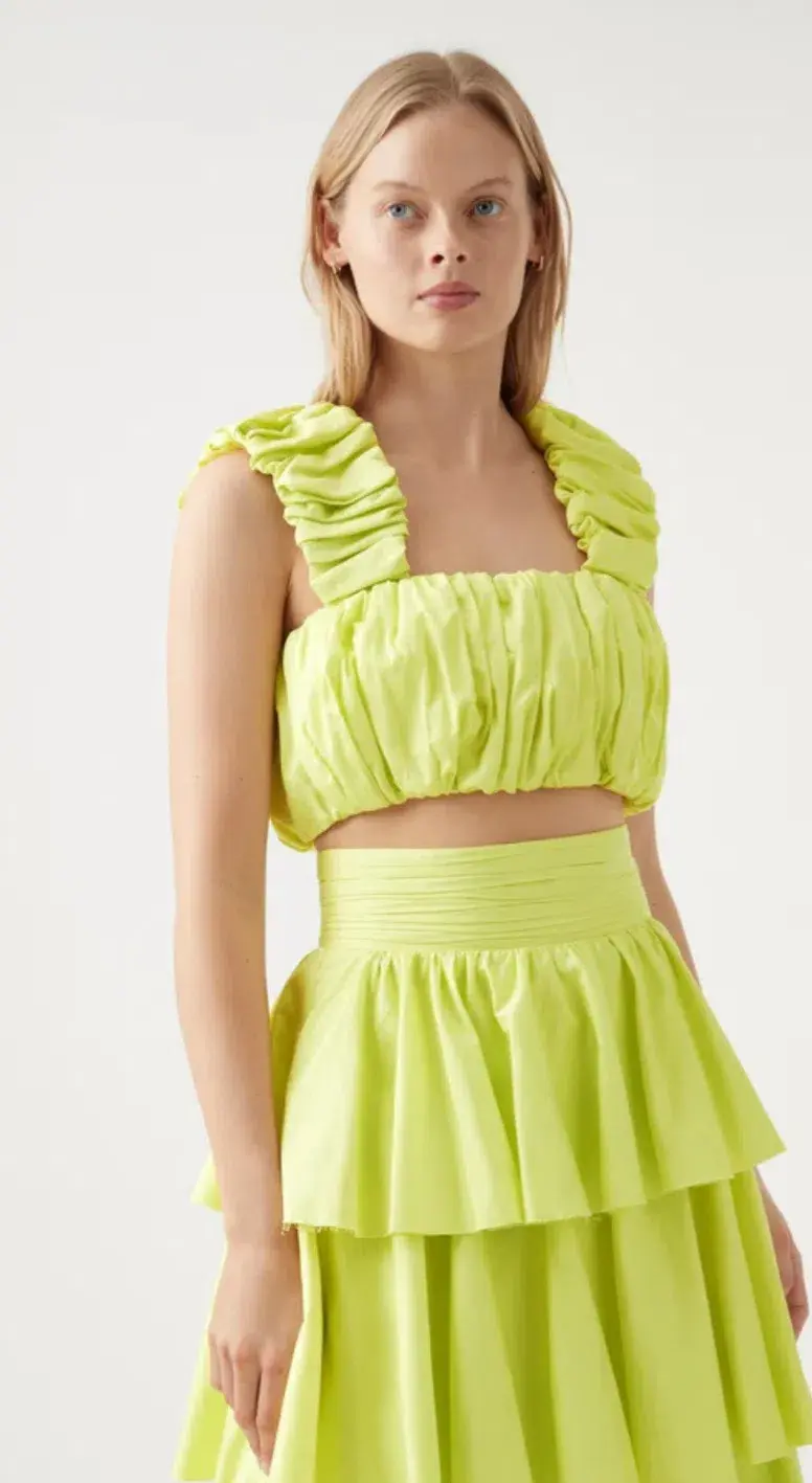 Aje Medina Ruched Cropped Top Size 14 and Tiered Midi Skirt Size 16 Set Light Lemon - Image 2