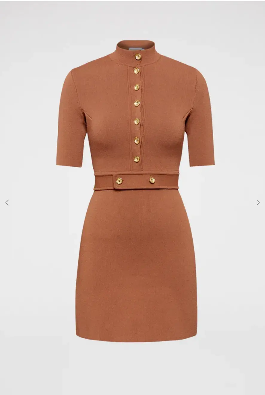 Scanlan Theodore Crepe Knit Mini Button Dress Hazel Brown Size 6 - Image 3