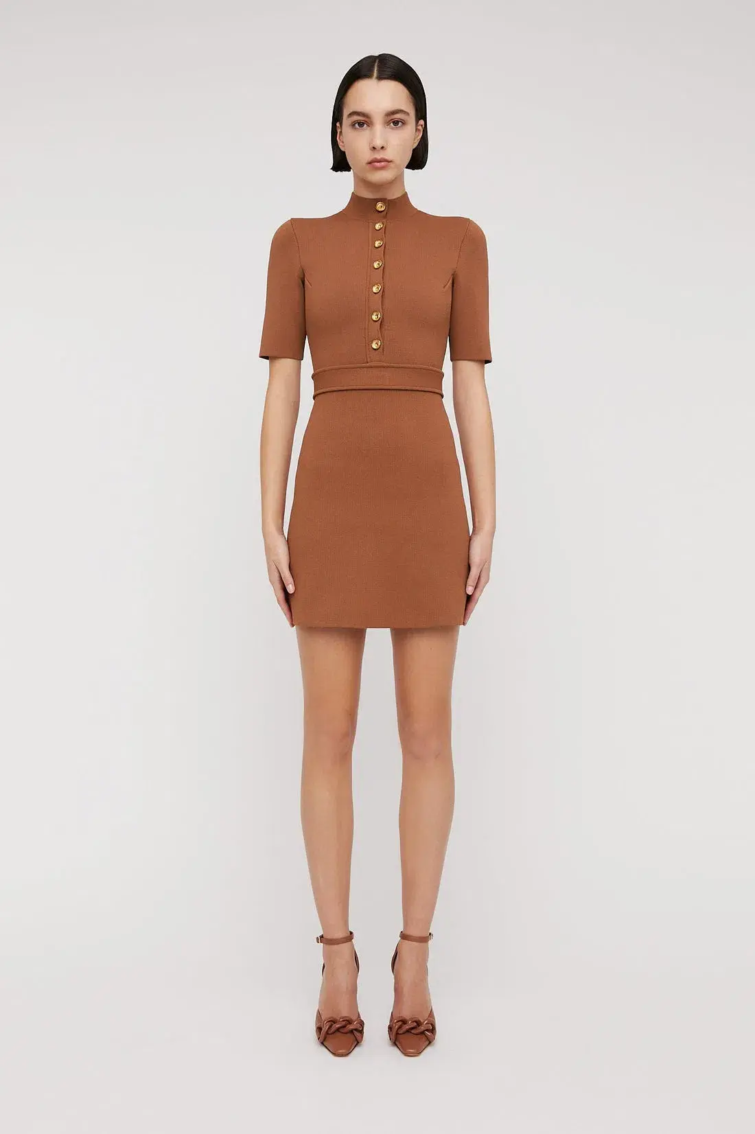 Scanlan Theodore Crepe Knit Mini Button Dress Hazel Brown Size 6 - Image 1