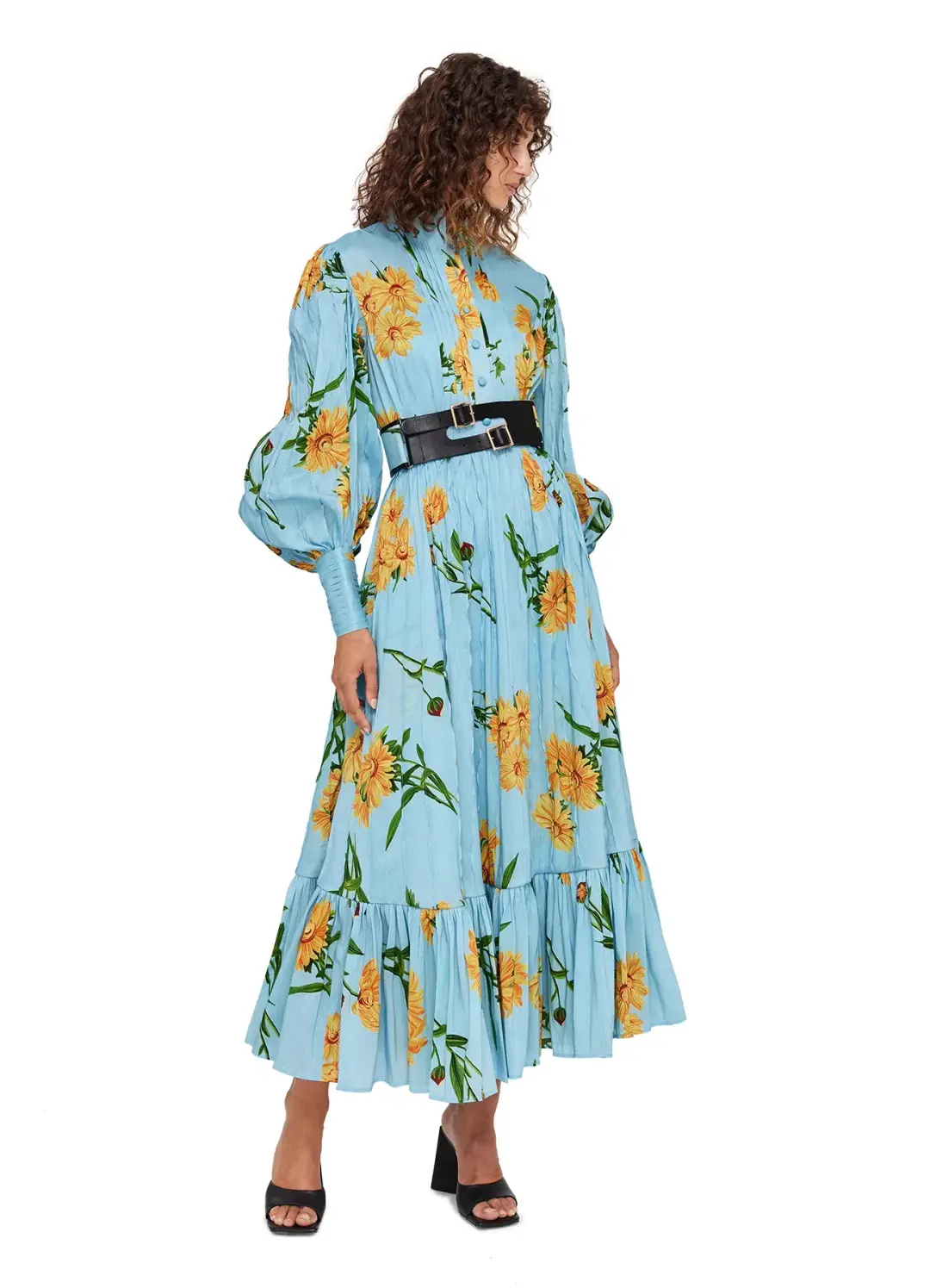 Leo Lin Marguerite Bleu Silk Linen Dress Marguerite Bleu Floral Size 10 for rent on The Volte - main image