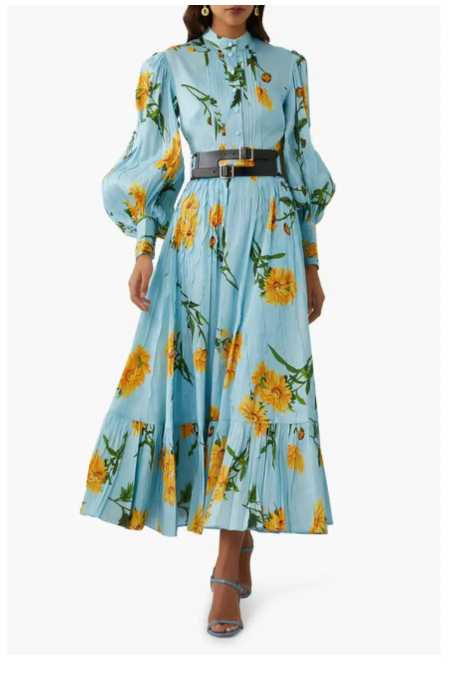 Leo Lin Marguerite Bleu Silk Linen Dress Marguerite Bleu Floral Print Size 8 - Image 2
