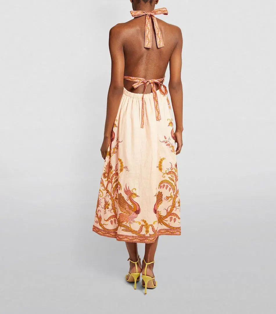 Zimmermann Cassia Halter Bow Midi Dress in Cream Bird Floral Size 6 - Image 2