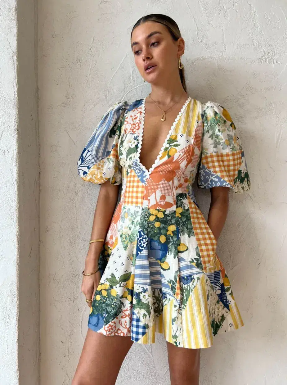 By Nicola Wavy Mini Dress Lemon Patchwork Size 6 - Image 5