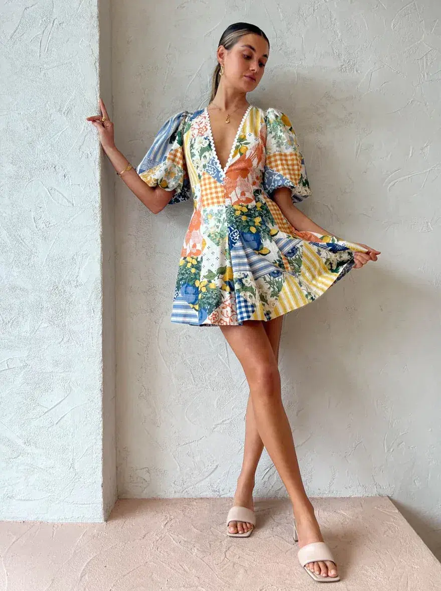By Nicola Wavy Mini Dress Lemon Patchwork Size 6 - Image 4