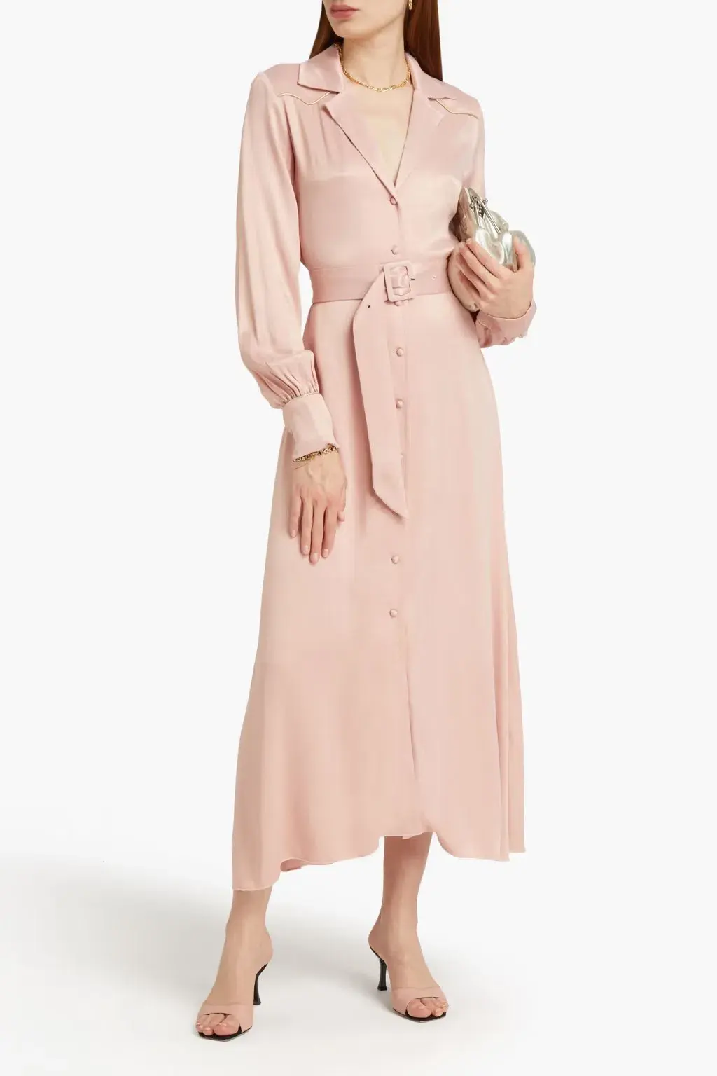 Rotate by Birger Christensen Jojo Belted Satin Shirt Dress Blush Size 8 - Image 2