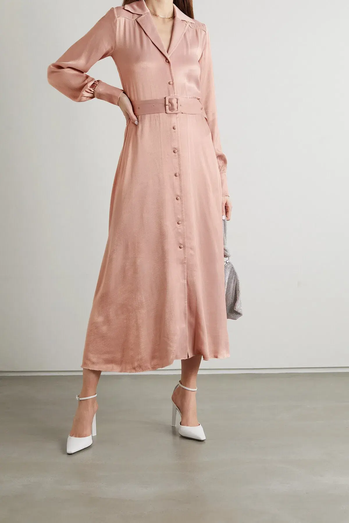 Rotate by Birger Christensen Jojo Belted Satin Shirt Dress Blush Size 8 - Image 1