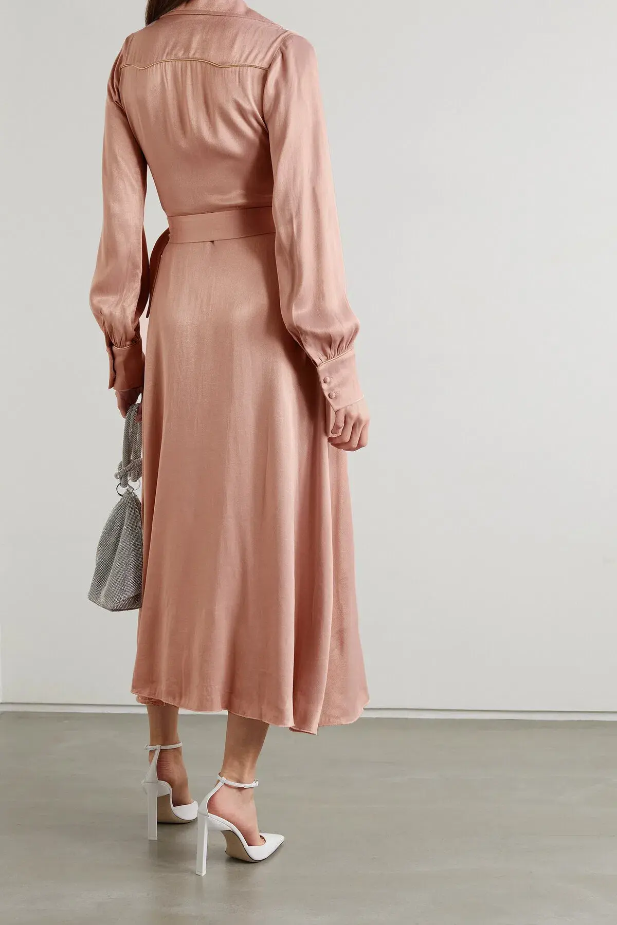 Rotate by Birger Christensen Jojo Belted Satin Shirt Dress Blush Size 8 - Image 4
