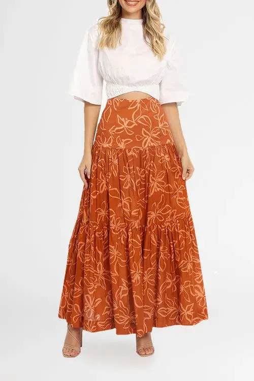 Bec & Bridge Aurora Skirt Orange/Rust Floral Print Size 8 - Image 1