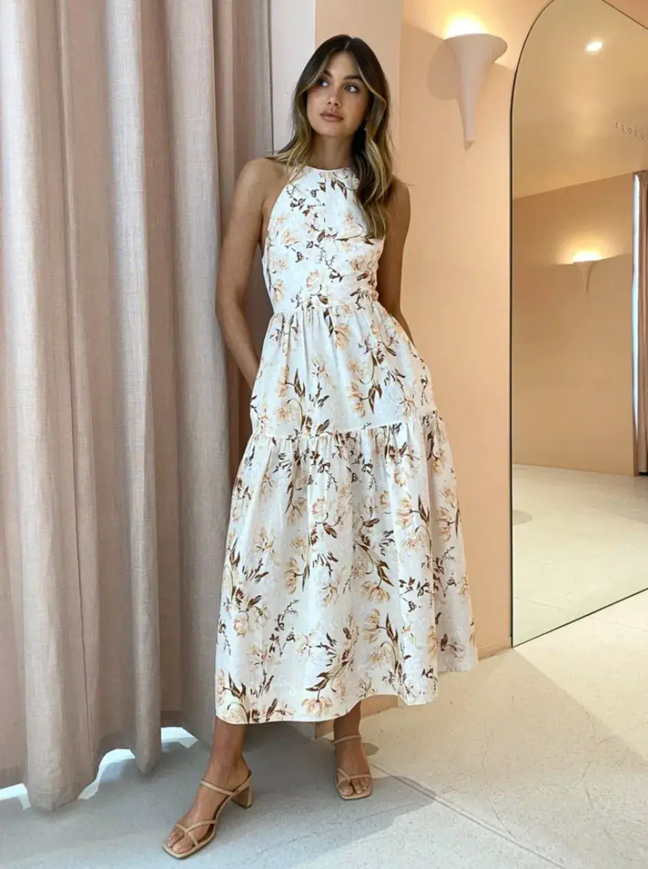 Shona Joy Roxanne Linen Open Back Tiered Midi Dress Beige Size AU 12 - Image 4