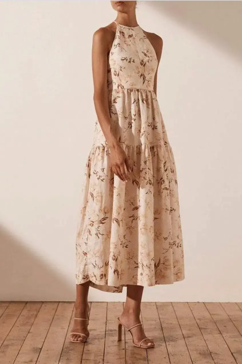 Shona Joy Roxanne Linen Open Back Tiered Midi Dress Beige Size AU 12 - Image 2