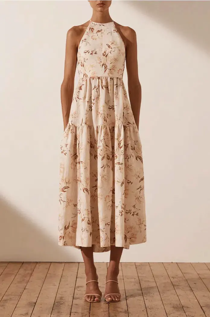 Shona Joy Roxanne Linen Open Back Tiered Midi Dress Beige Size AU 12 - Image 1