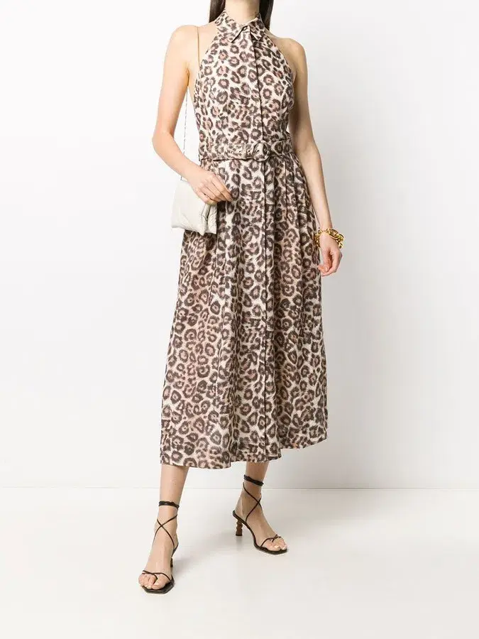 Zimmermann Bonita Belted Linen Halterneck Midi Dress Leopard Print Size 2 / Au 12 - Image 1