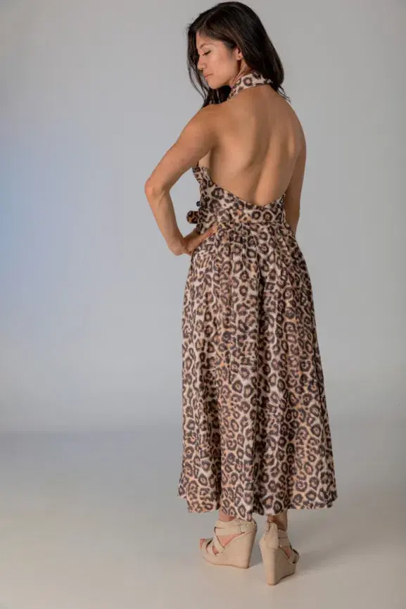 Zimmermann Bonita Belted Linen Halterneck Midi Dress Leopard Print Size 2 / Au 12 - Image 3