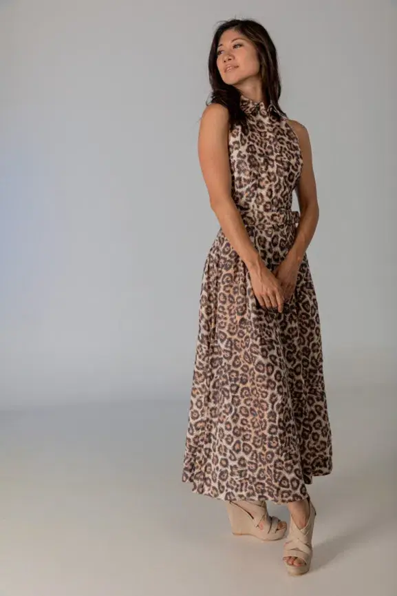 Zimmermann Bonita Belted Linen Halterneck Midi Dress Leopard Print Size 2 / Au 12 - Image 4