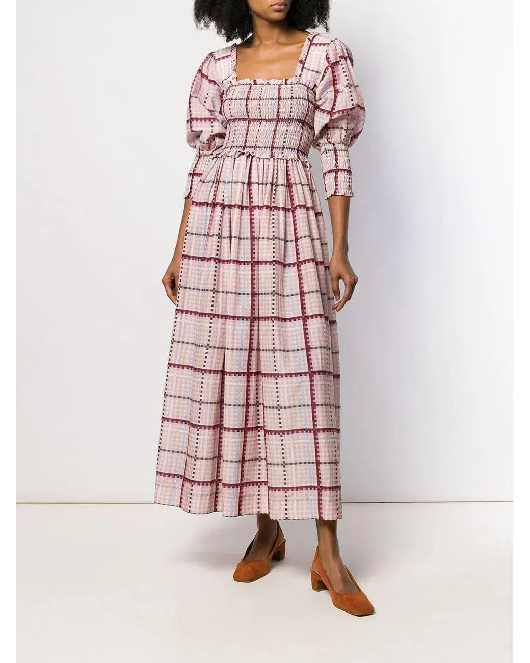 Ganni Ruched Seersucker Plaid Dress Pink Size 10 - Image 1