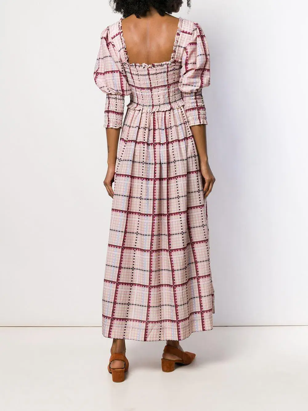 Ganni Ruched Seersucker Plaid Dress Pink Size 10 for rent on The Volte - main image