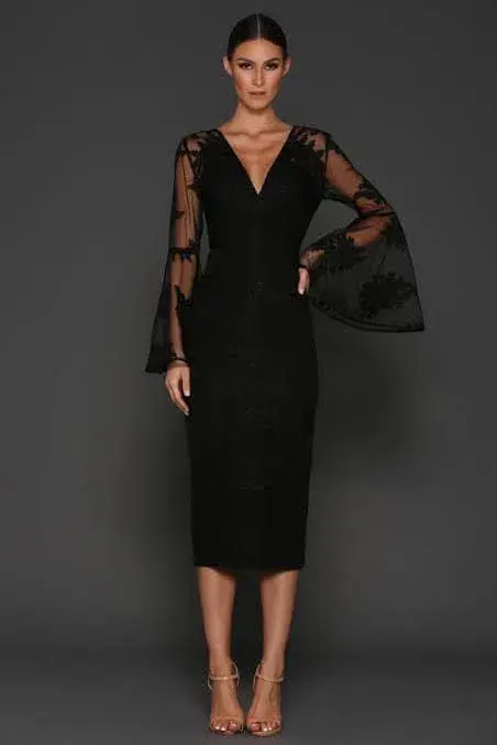 Elle Zeitoune Kassidy Bell Sleeve Midi Dress Black Size 8 - Image 1