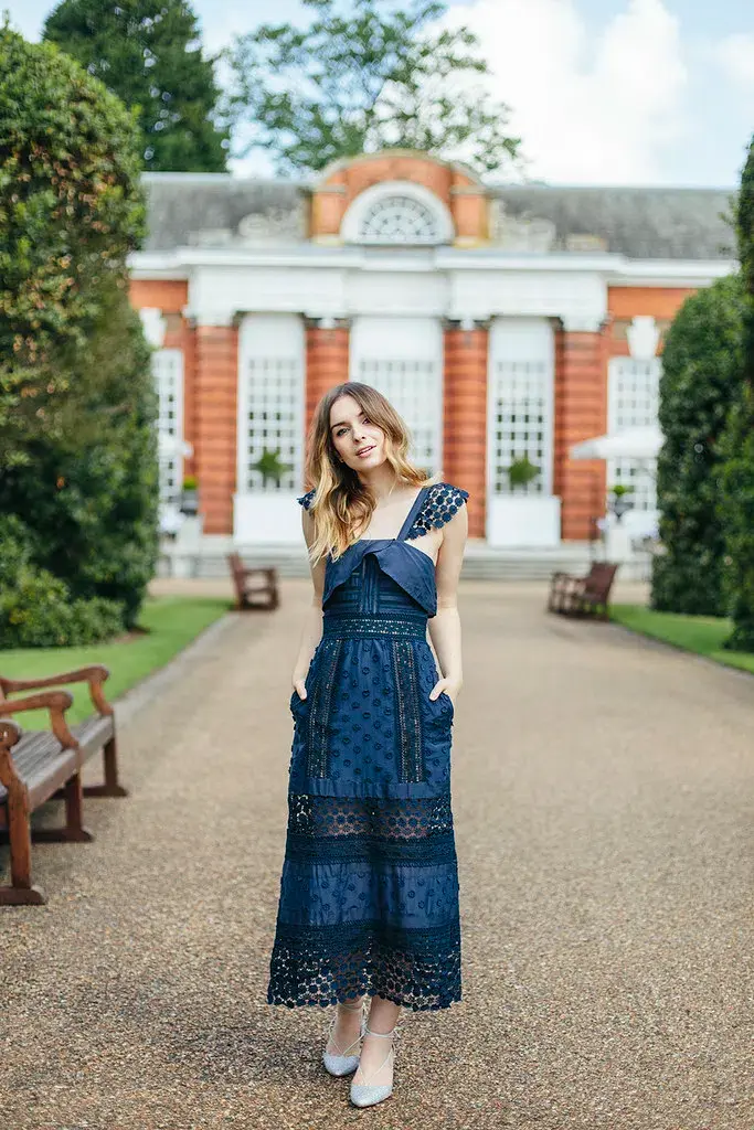 Self Portrait Bluebell Lace Insert Midi Dress Navy Size 10 for rent on The Volte - main image