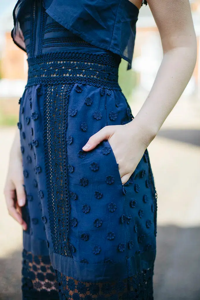 Self Portrait Bluebell Lace Insert Midi Dress Navy Size 10 for rent on The Volte - main image