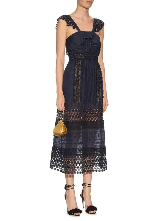 Self Portrait Bluebell Lace Insert Midi Dress Navy Size 10 for rent on The Volte - main image