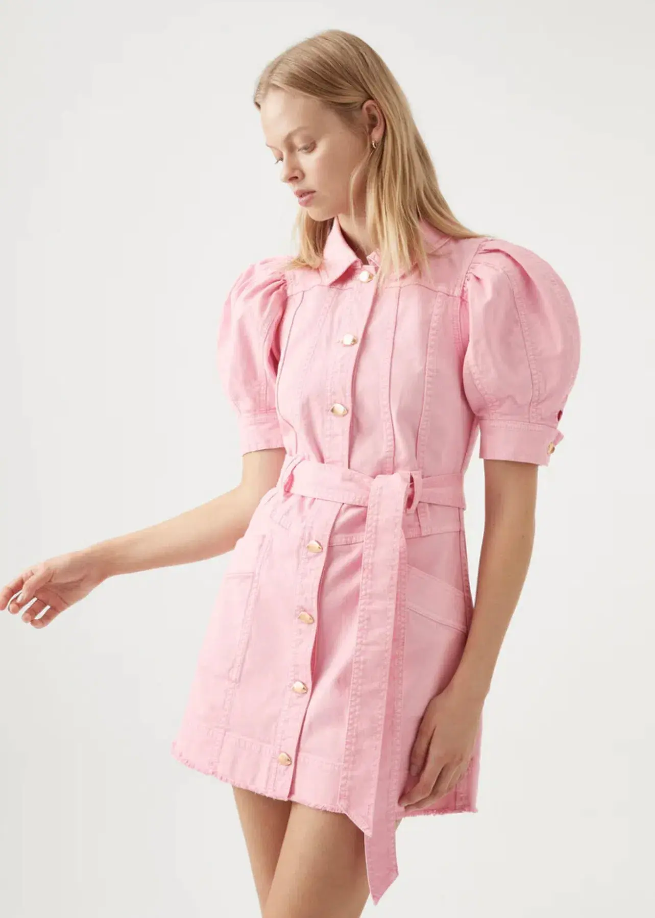 AJE Flora Denim Puff Sleeve Mini Dress Bon Bon Pink Size 14 - Image 4