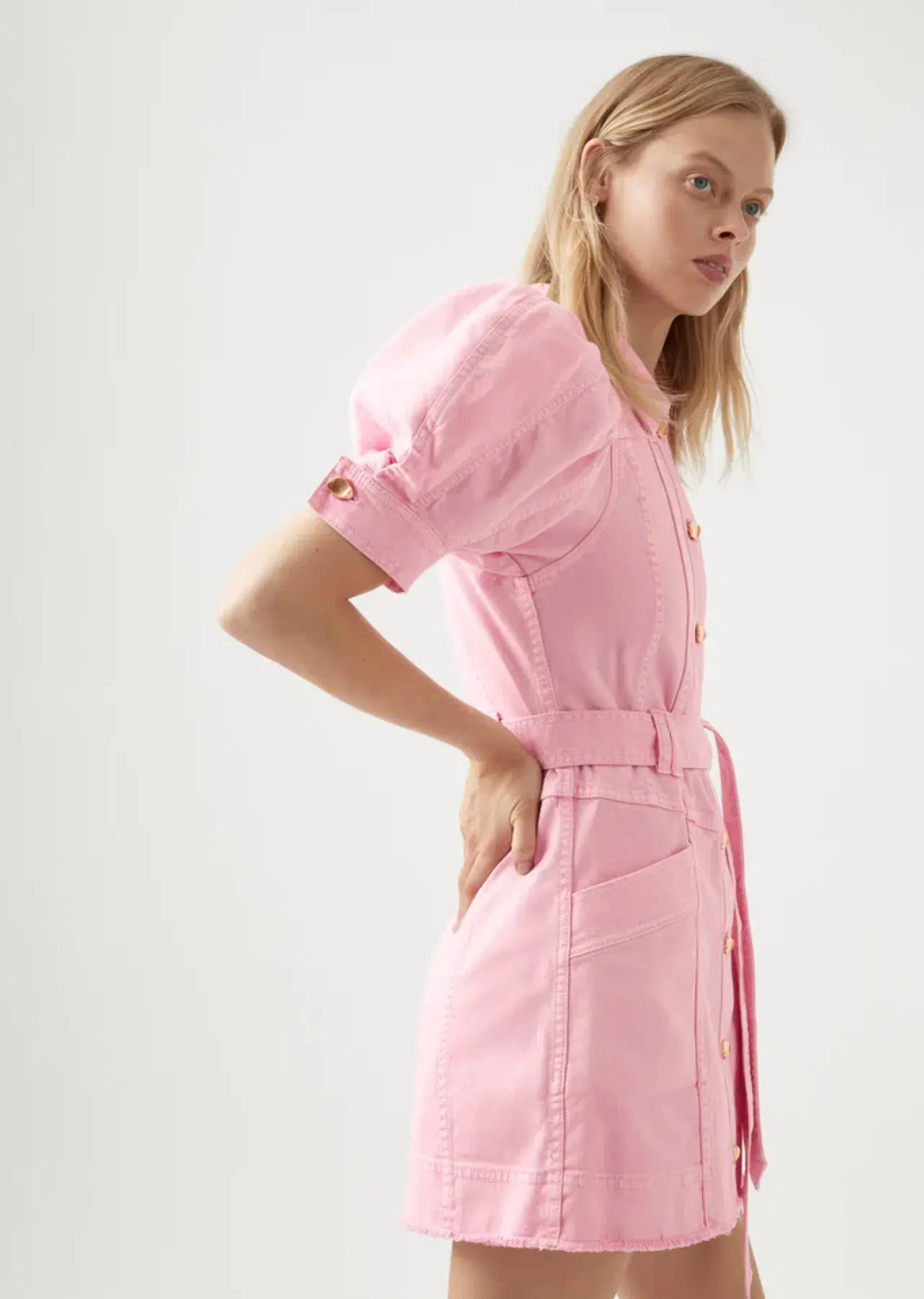 AJE Flora Denim Puff Sleeve Mini Dress Bon Bon Pink Size 14 - Image 3