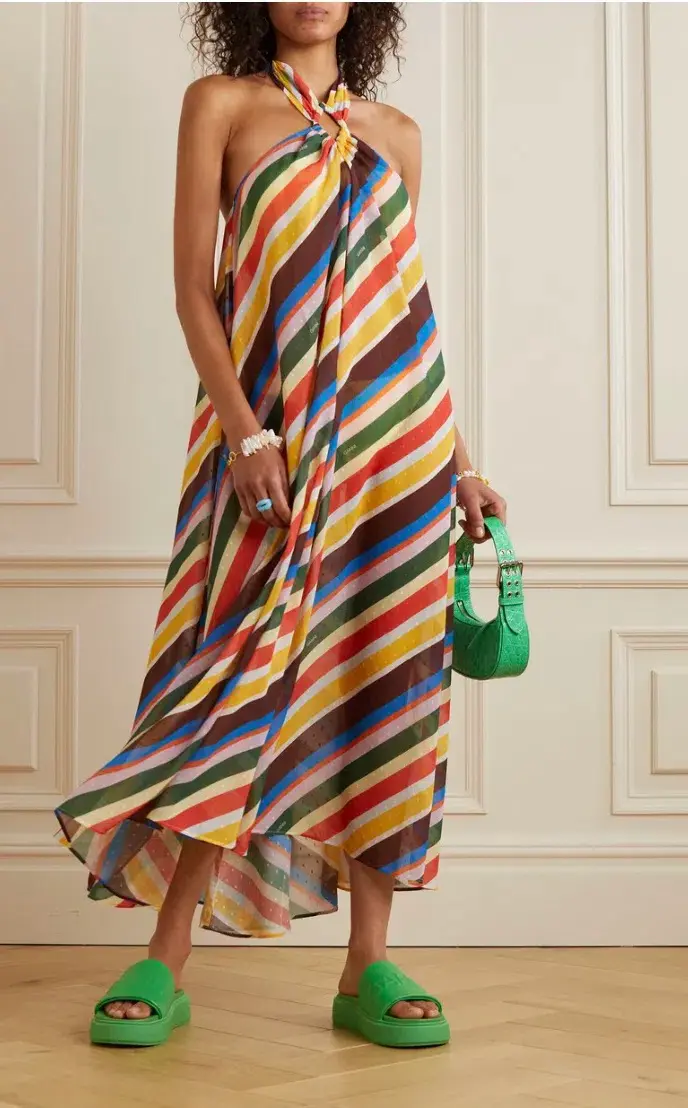 Ganni Striped Halter Neck Recycled Chiffon Midi Dress Multi Size AU 10  - Image 2