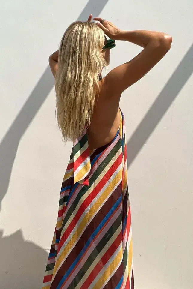 Ganni Striped Halter Neck Recycled Chiffon Midi Dress Multi Size AU 10  - Image 4
