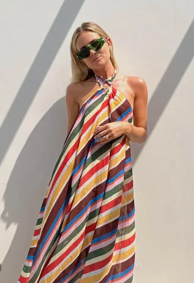 Ganni Striped Halter Neck Recycled Chiffon Midi Dress Multi Size AU 10  - Image 7