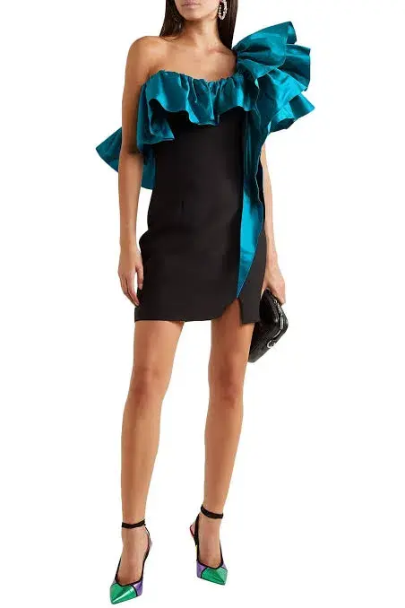 Rasario Mini Dress with Teal Ruffle Blue Size AU 6 - Image 1