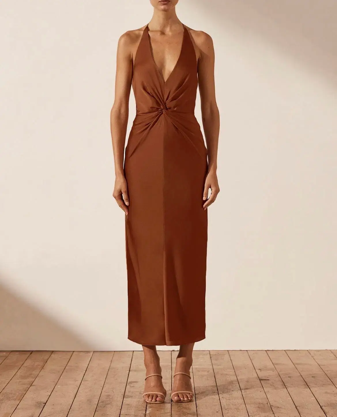 Shona Joy Luxe Twist Front Halter Midi Dress Brown Size AU 8 - Image 1