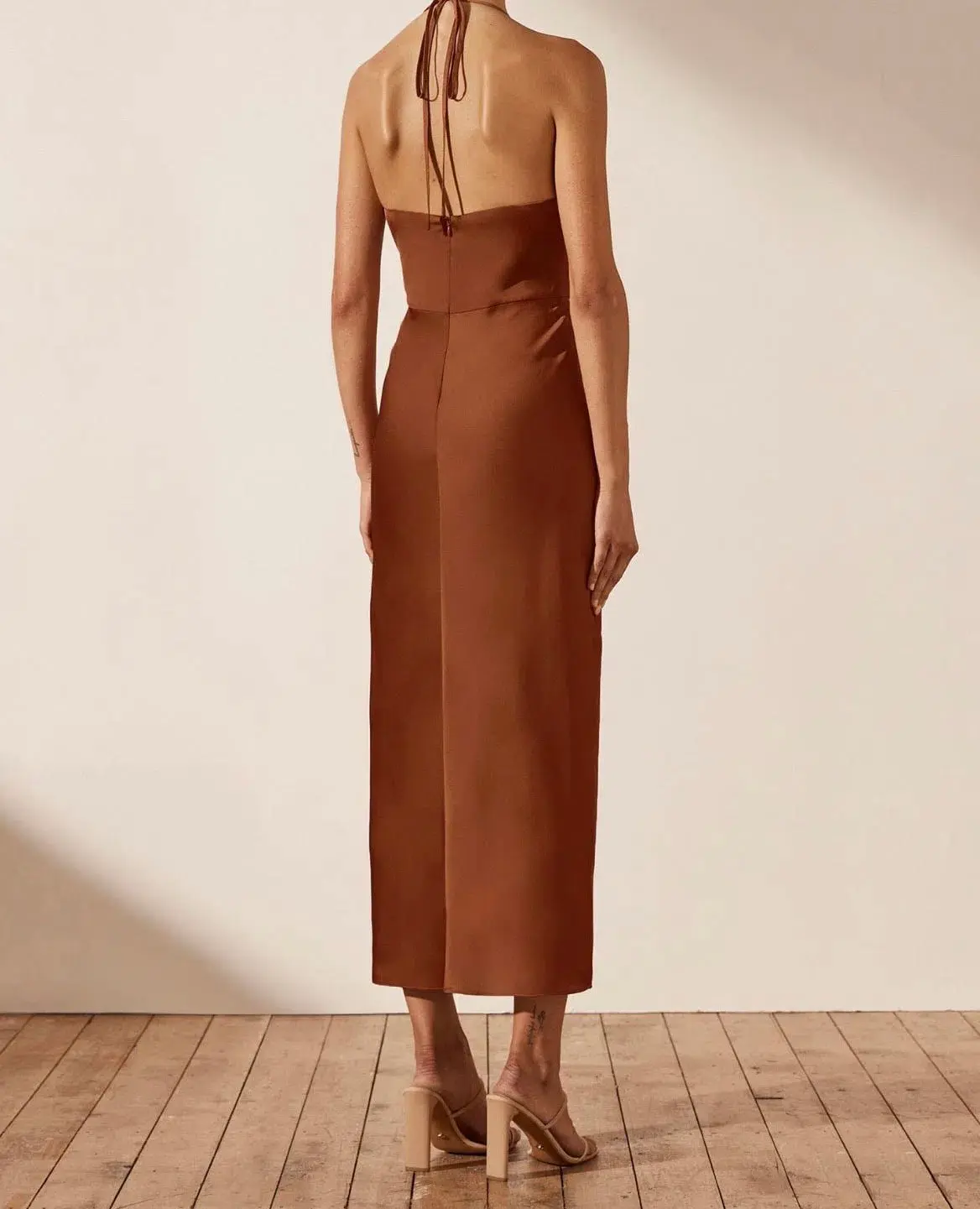 Shona Joy Luxe Twist Front Halter Midi Dress Brown Size AU 8 - Image 3