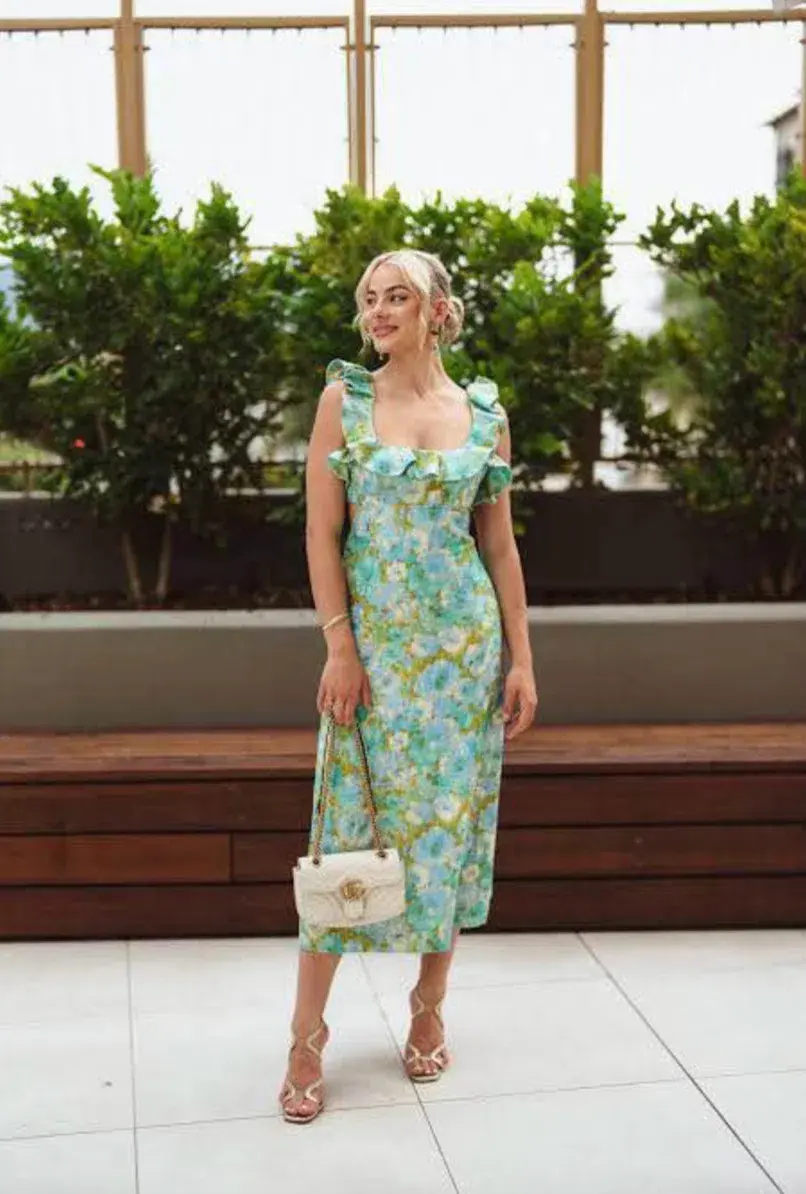 Zimmermann High Tide Open Back Fuffled Linen Midi Dress Aqua Blue Floral Print Size 2 / AU 12 - Image 3