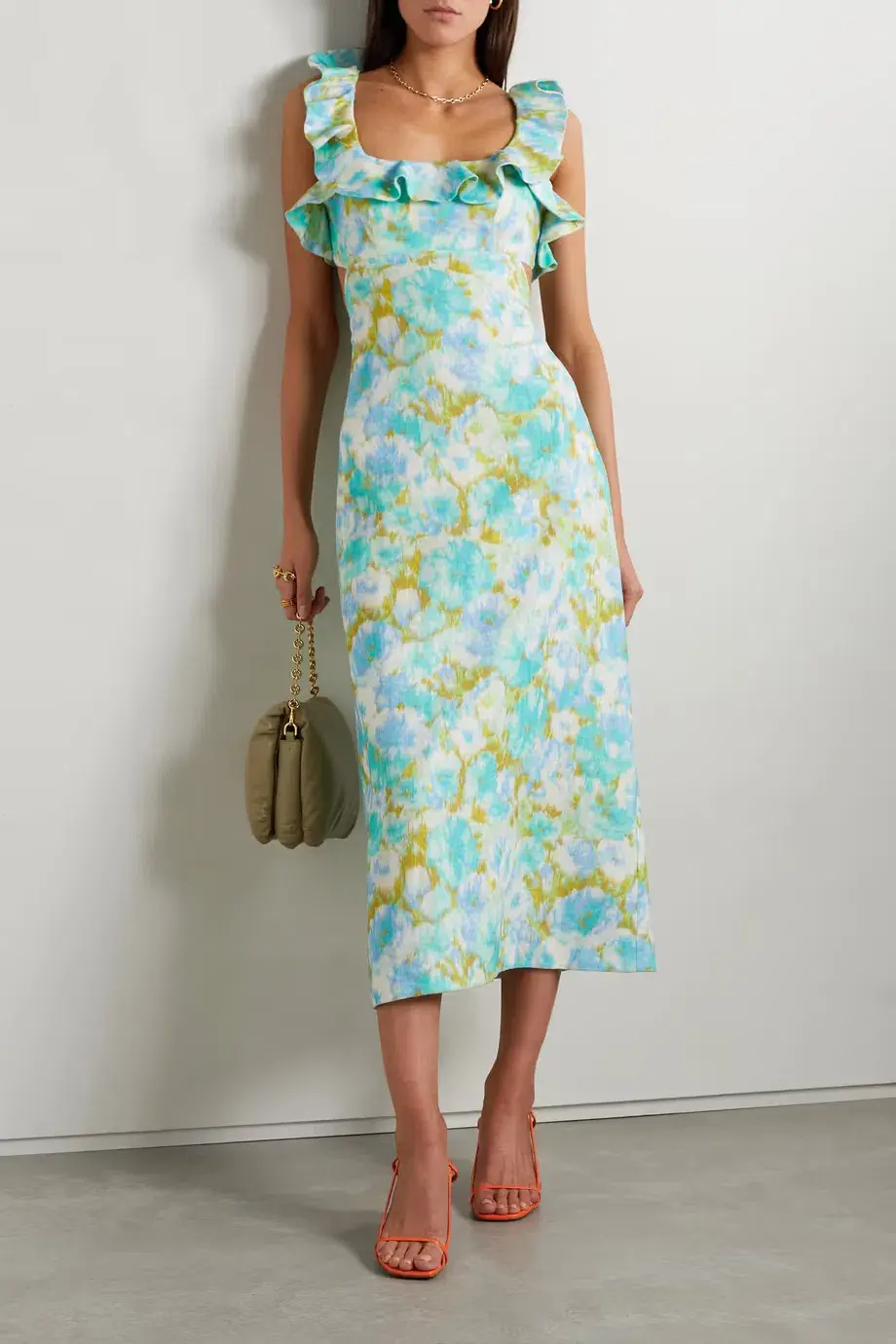 Zimmermann High Tide Open Back Fuffled Linen Midi Dress Aqua Blue Floral Print Size 2 / AU 12 - Image 1