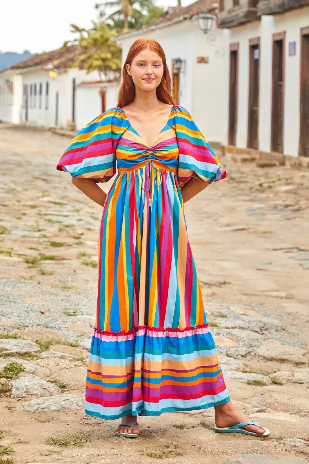 Farm Rio Scarf Puff Sleeves Maxi Dress Rainbow Striped Size AU 8 - Image 1