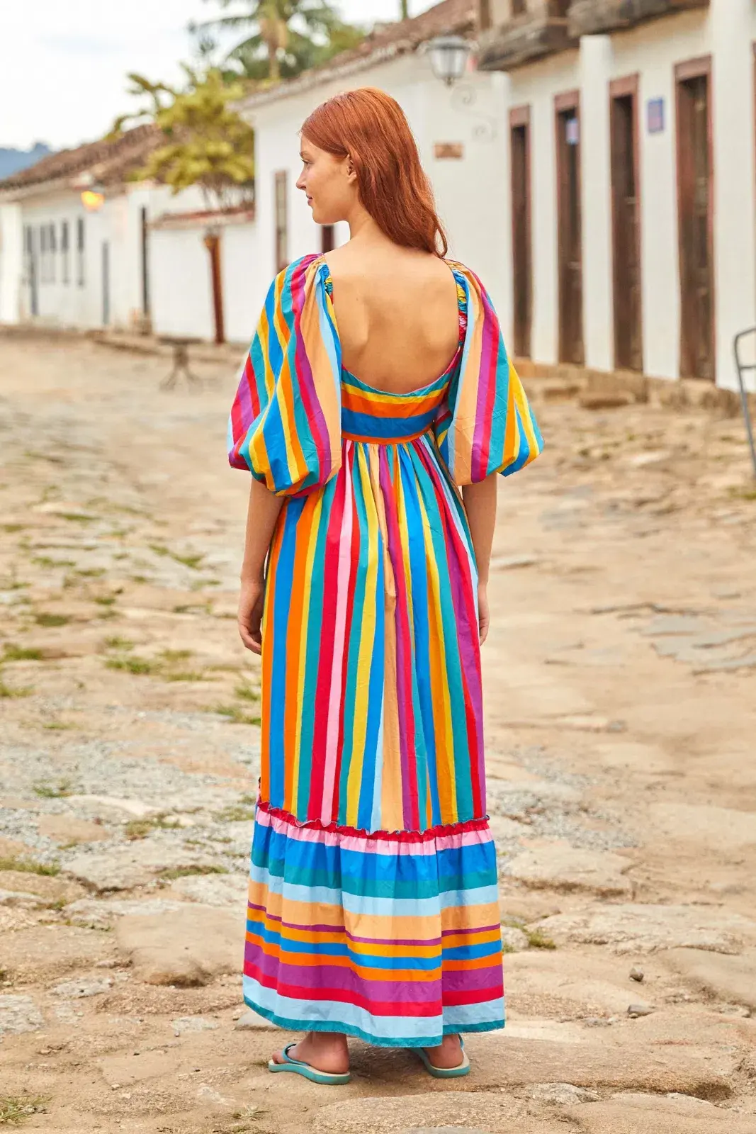 Farm Rio Scarf Puff Sleeves Maxi Dress Rainbow Striped Size AU 8 - Image 2
