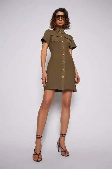 Scanlan Theodore Crepe Knit Patch Pocket Mini Dress Khaki Size 6 / XS - Image 1