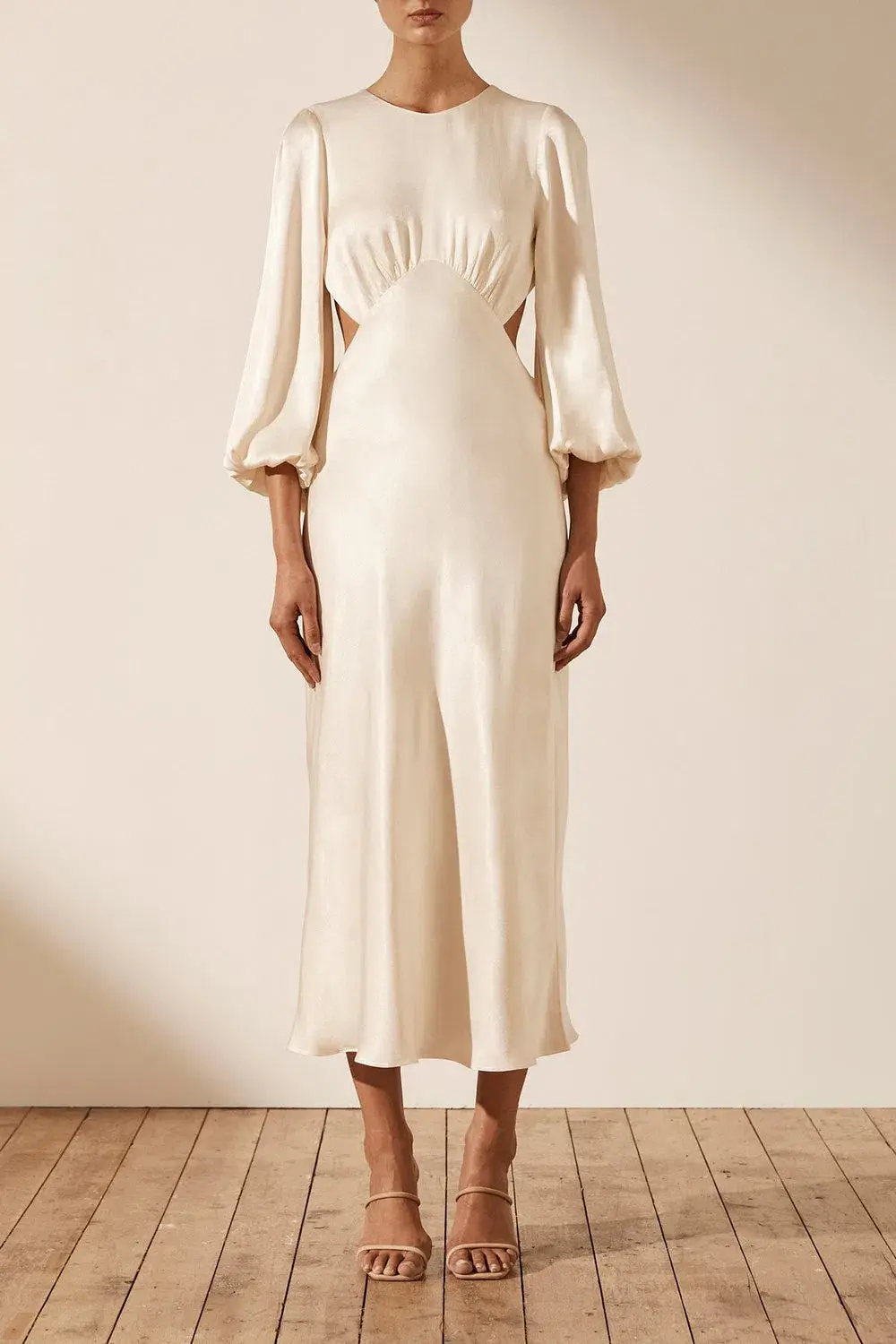 Shona Joy La Lune Open Back Balloon Sleeve Midi Dress Cream Size 10 / M - Image 1