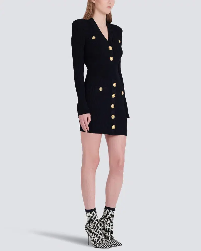 Balmain Long Sleeve V Neck Button Detail Knit Dress in Black Size 10 - Image 2