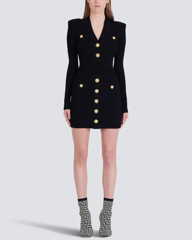Balmain Long Sleeve V Neck Button Detail Knit Dress in Black Size 10 - Image 1