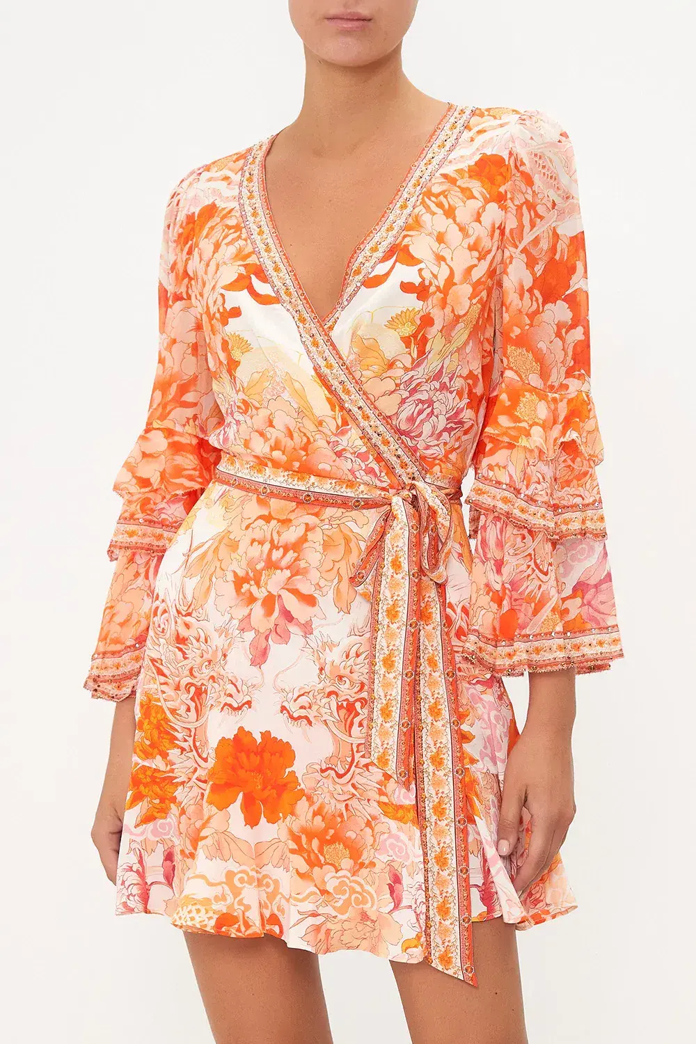 Camilla Short Wrap Dress With Ruffle Sleeve Print Size M - Image 4