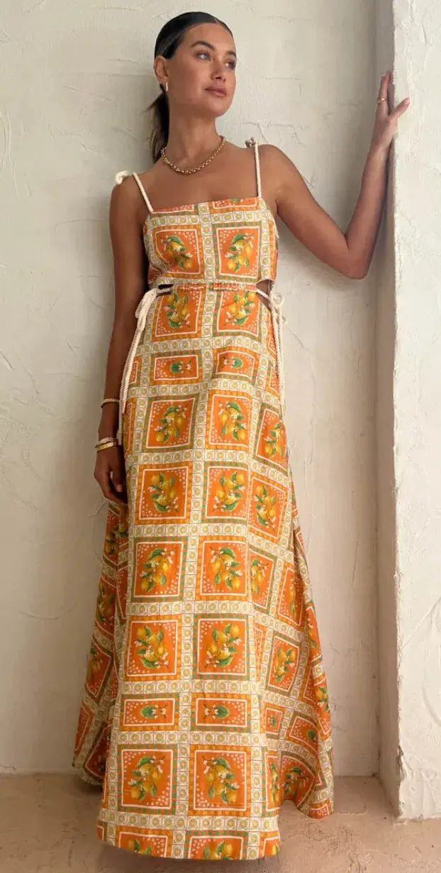 By Nicola Lemonade Tie Maxi Dress in Orange Mosaic Size AU 10 - Image 1
