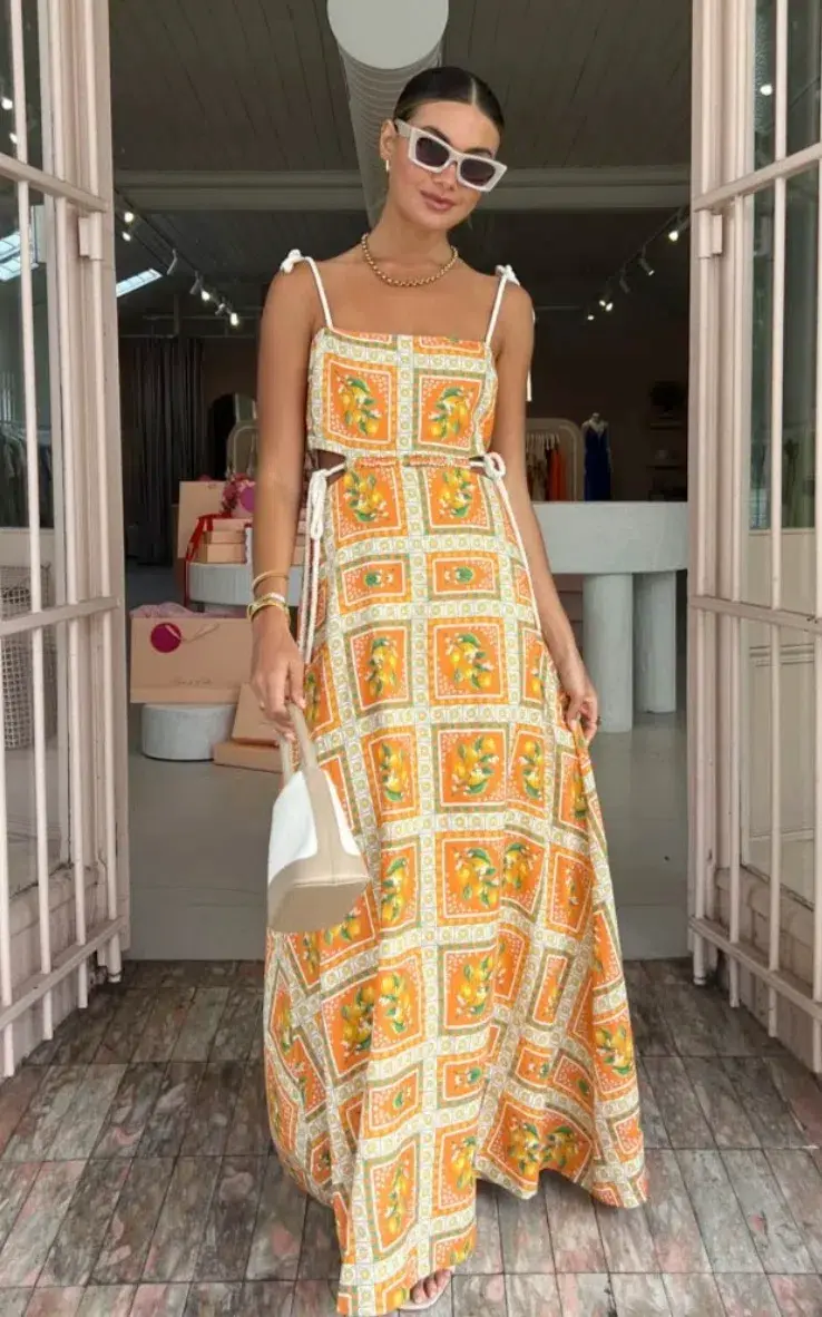 By Nicola Lemonade Tie Maxi Dress in Orange Mosaic Size AU 10 - Image 3