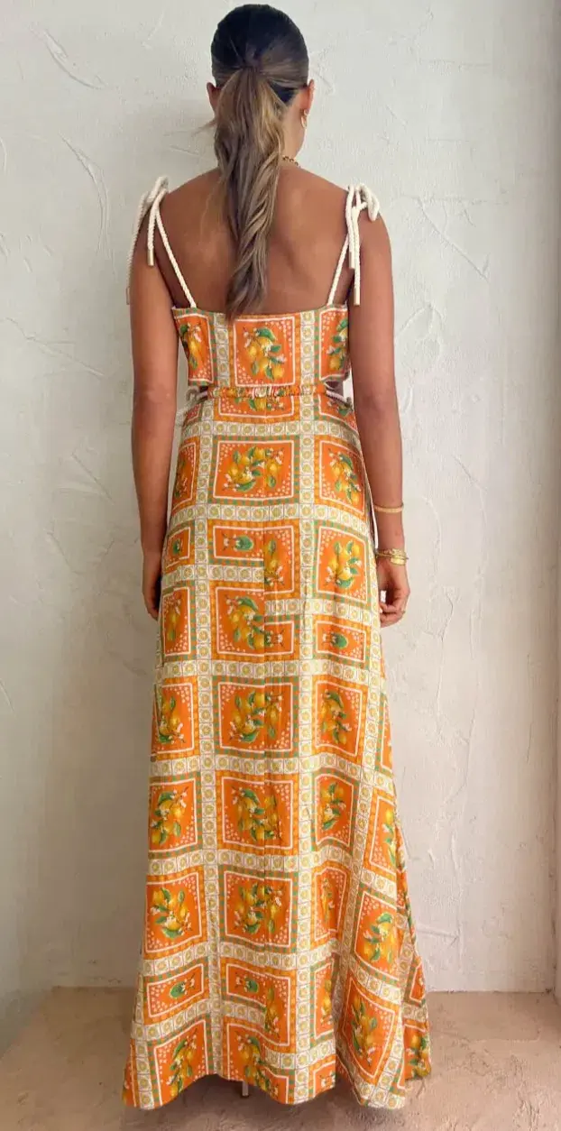 By Nicola Lemonade Tie Maxi Dress in Orange Mosaic Size AU 10 - Image 2